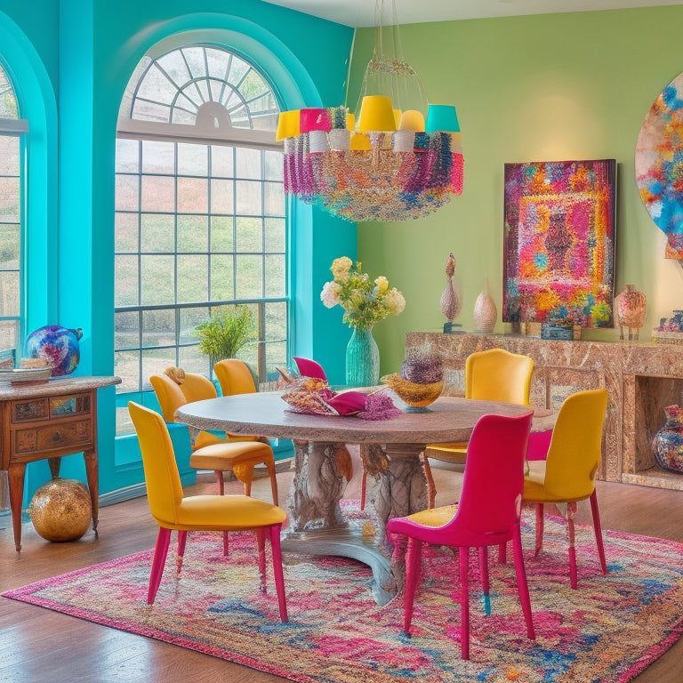 A vibrant dining room transformed into an art space, with a kaleidoscope of colors, eclectic furniture, and a mix of paintings, sculptures, and installations, surrounded by natural light pouring in through large windows.