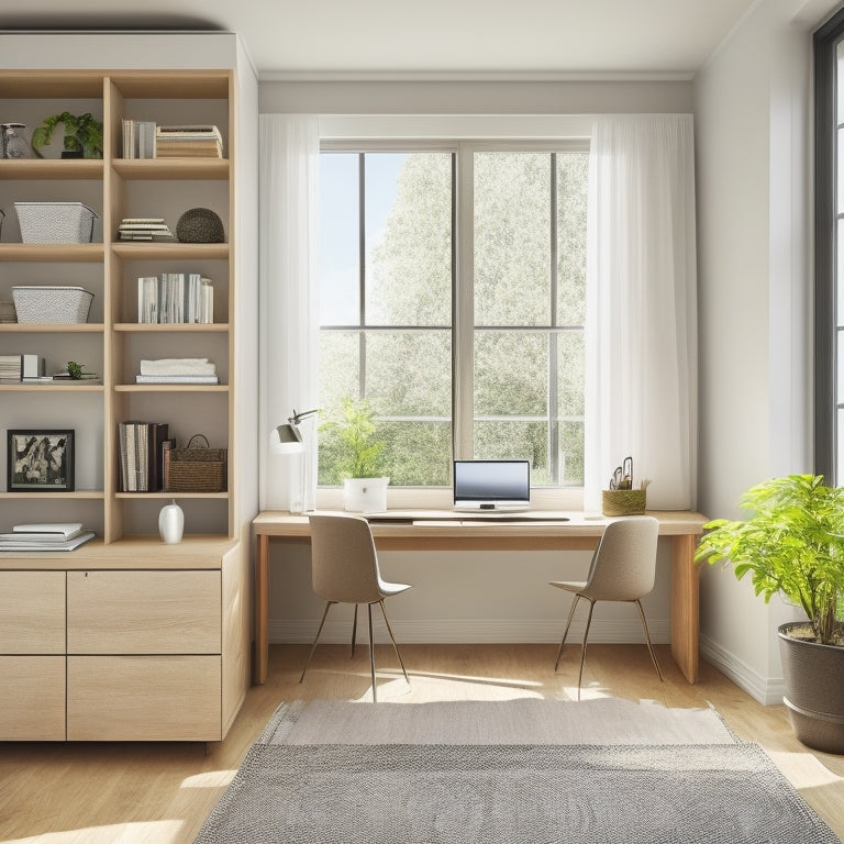 A clutter-free home office with a sleek, minimalist desk, surrounded by floor-to-ceiling shelves with built-in drawers, baskets, and labeled cubbies, illuminated by natural light pouring through a large window.