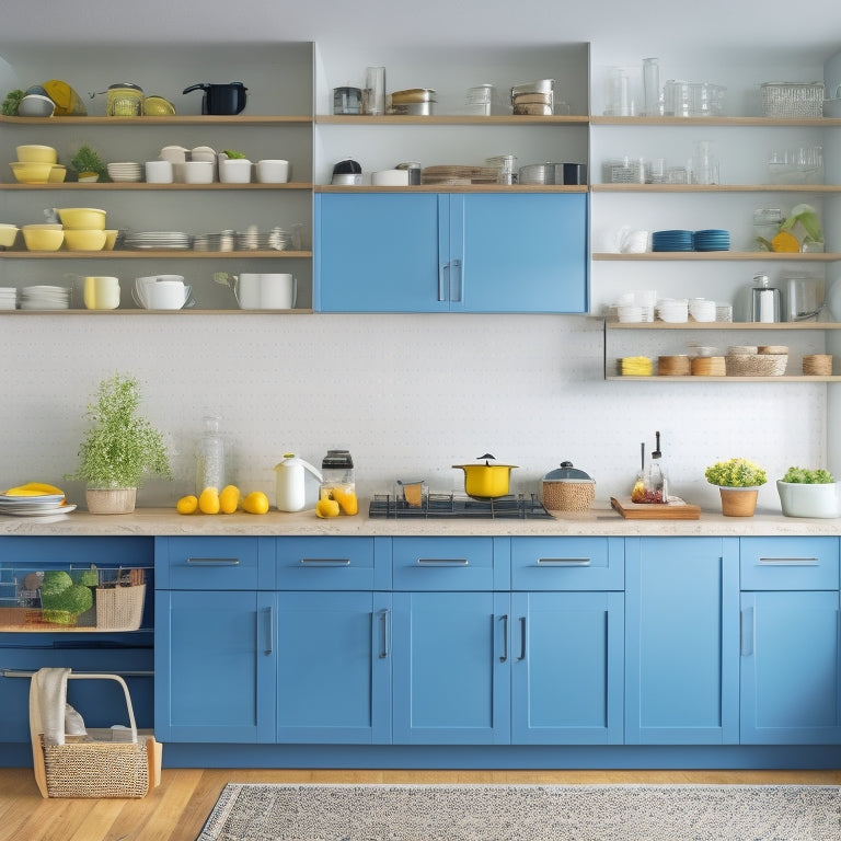 A bright, modern kitchen with sleek, minimalist cabinets, a large island with built-in storage, and a pegboard with neatly organized utensils, surrounded by a clean and clutter-free countertop.