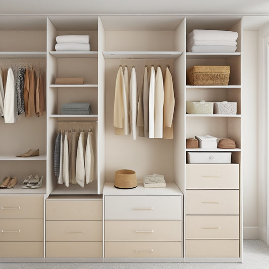 A tidy, minimalist closet interior with a compact shelving unit, sliding drawers, and a hanging rod with a few neatly organized outfits, set against a soft, creamy white background.