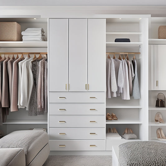 A serene, modern closet interior with sleek white Pax system cabinets, soft-close drawers, and adjustable shelves, showcasing a tidy, organized space with a few stylish garments and accessories.