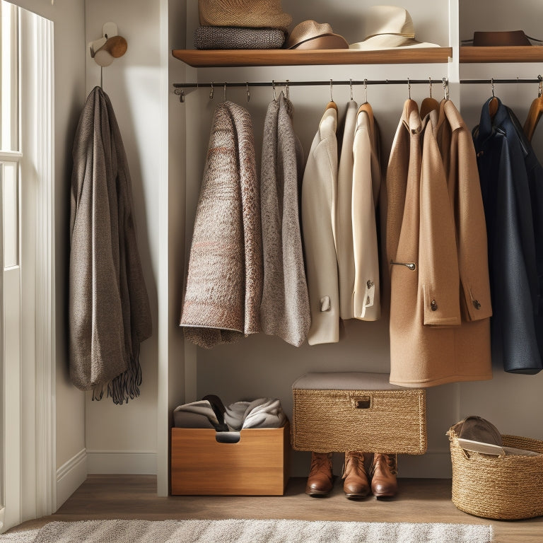 A bright, airy coat closet with a mix of wooden and metal shelves, hooks, and bars, showcasing a tidy arrangement of coats, hats, scarves, and bags in a calm, neutral color palette.