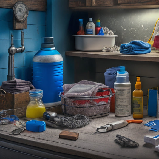 A cluttered laundry room countertop with a rusty metal toolbox, open to reveal a tangled mess of wires, a lone sock, a screwdriver, pliers, and a half-empty bottle of detergent.