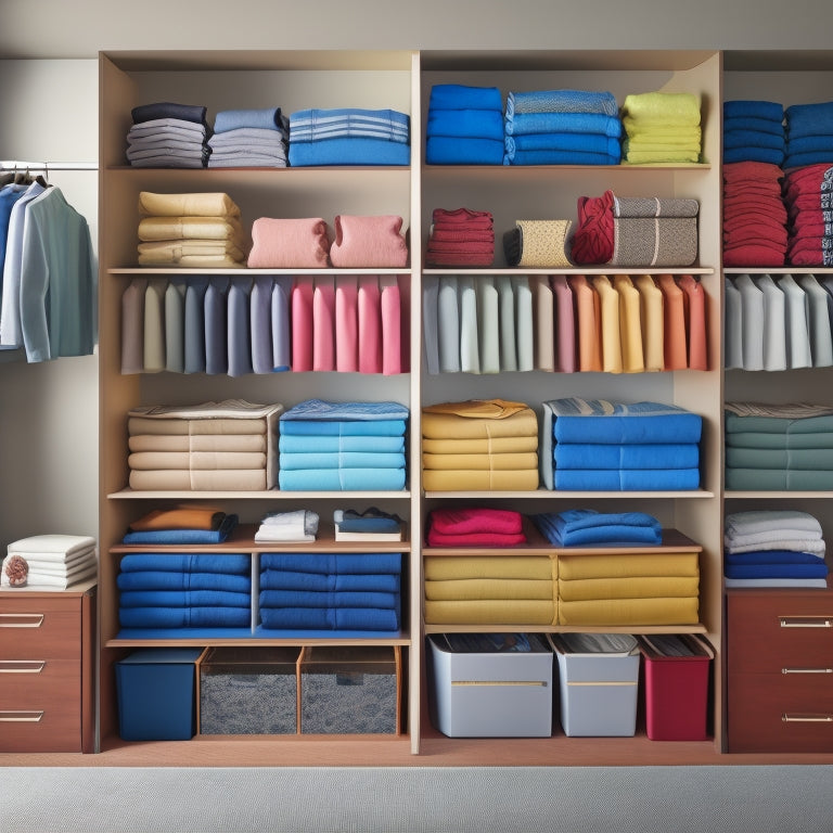 A tidy closet with 5-7 pairs of pants, each folded into compact rectangles and arranged by color on a shelf, with a few empty spaces in between for visual breathing room.