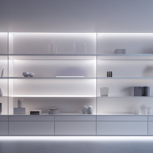 A futuristic, minimalist room with sleek, wall-to-wall shelves and storage units in shades of silver, white, and glass, illuminated by soft, LED ambient lighting.