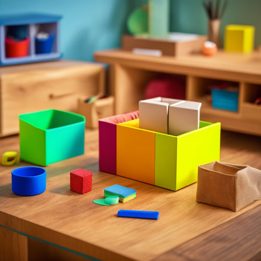 A minimalist, wooden DIY cube with removable, colorful fabric bins and interchangeable, magnetic labels, surrounded by organized office supplies, craft materials, and toys, on a rustic, wooden desk.