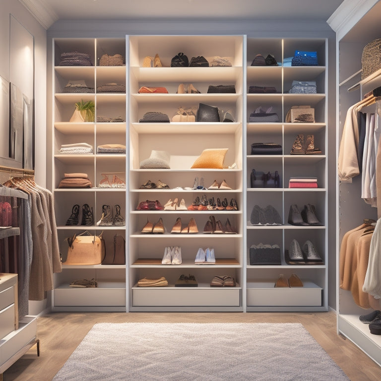 A modern, well-lit closet with customizable shelves, clothing racks, and storage units, surrounded by designer shoes, handbags, and accessories, with a 3D floor plan in the foreground.