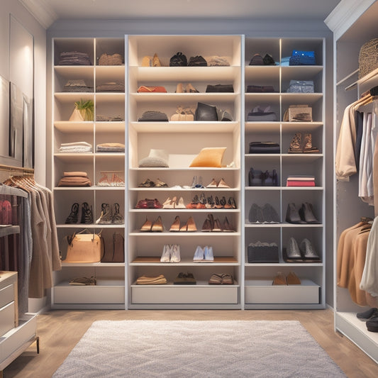 A modern, well-lit closet with customizable shelves, clothing racks, and storage units, surrounded by designer shoes, handbags, and accessories, with a 3D floor plan in the foreground.