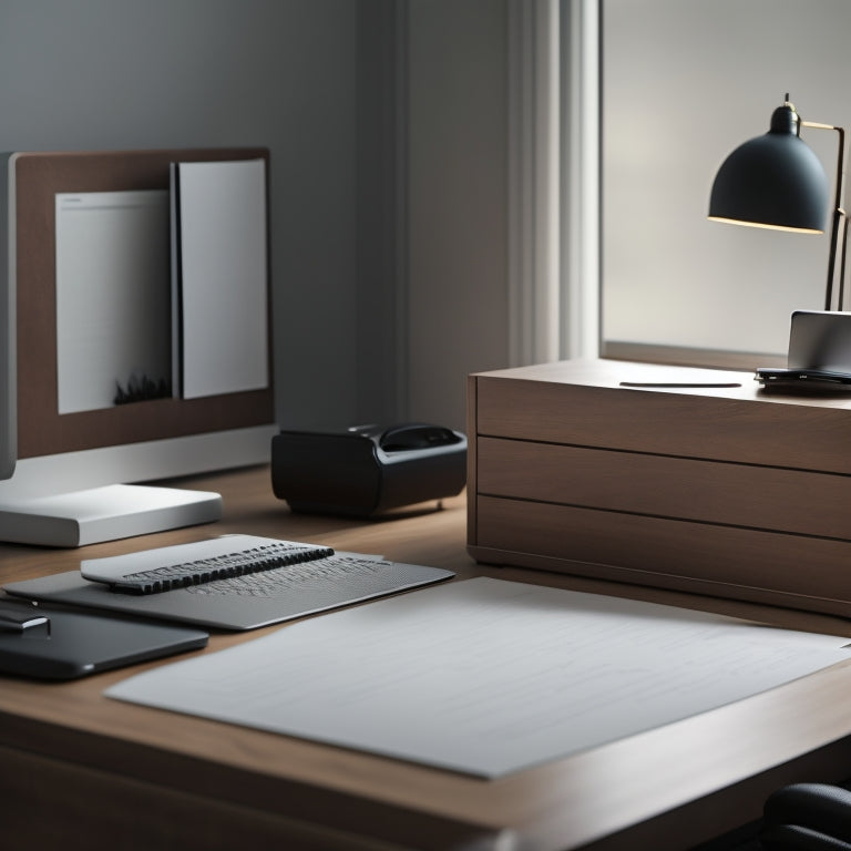 A tidy, minimalist desk with a small, organized file cabinet in the background, a laptop, and a few neatly labeled folders, with a single, elegant pen standing upright in a holder.