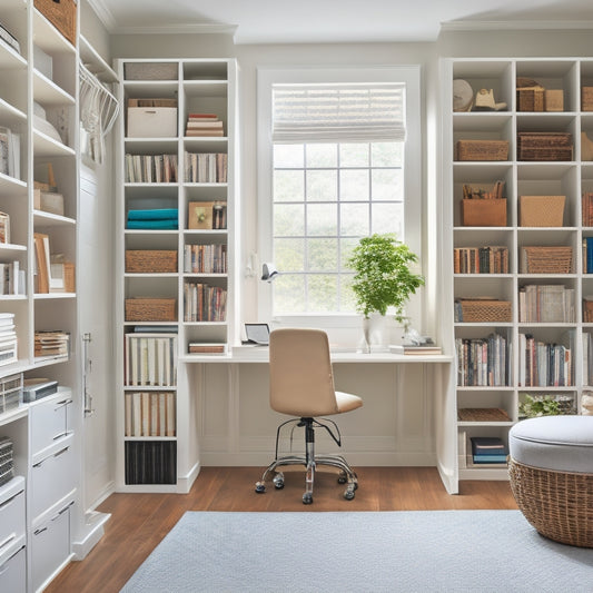 A bright and airy closet transformed into a functional home office with a sleek wooden desk, ergonomic chair, and floor-to-ceiling shelving units filled with books and decorative storage bins.