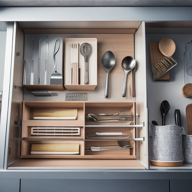 A photograph of a sleek, modern kitchen drawer with adjustable dividers, utensil organizers, and a soft-close mechanism, filled with neatly arranged kitchen tools and gadgets in a warm, natural light.
