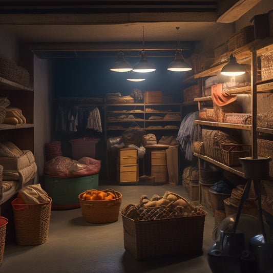 A dimly lit basement with shelves, bins, and baskets organized by category, with a few items slightly pulled out to showcase contents, and a single, warm light source illuminating the space.