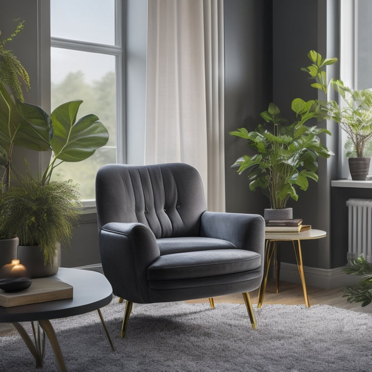 A well-lit, modern living room with a sleek, minimalist corner desk built into a plush, gray velvet armchair, surrounded by potted plants and a few, carefully placed decorative objects.