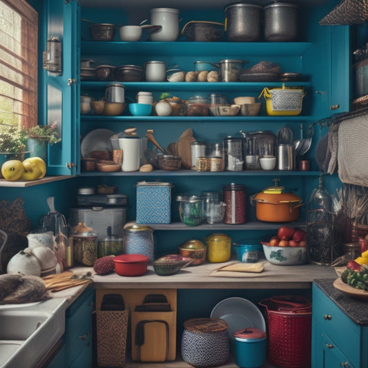 A cluttered corner cabinet with open doors, overflowing with assorted kitchen items like pots, pans, utensils, and food containers, creating a sense of disorganization and chaos.