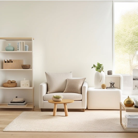 A serene, minimalist living room with a sleek storage ottoman, a compact shelving unit, and a few, carefully-placed decorative items, set against a soft, creamy white background.