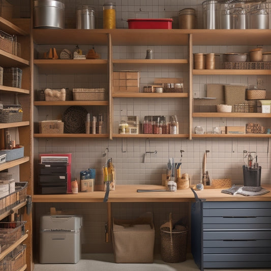 A tidy, well-lit craft closet with a pegboard displaying organized tools, bins labeled by project type, and a desk with a half-finished DIY project and a cup of steaming coffee.