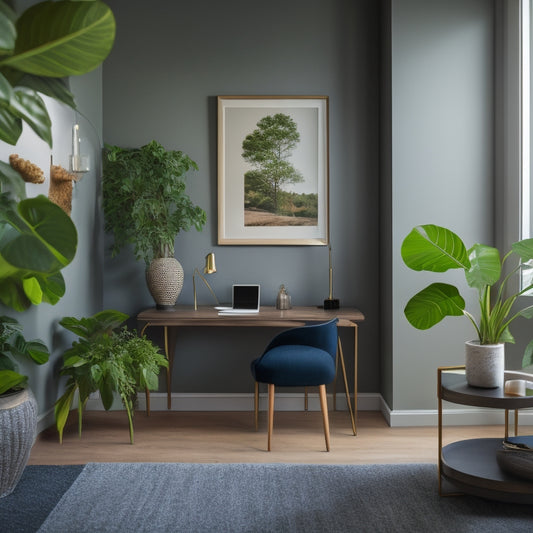 A serene, well-lit, minimalist living room with a sleek, wall-mounted desk tucked into a corner, surrounded by lush greenery and a few carefully placed decorative objects.