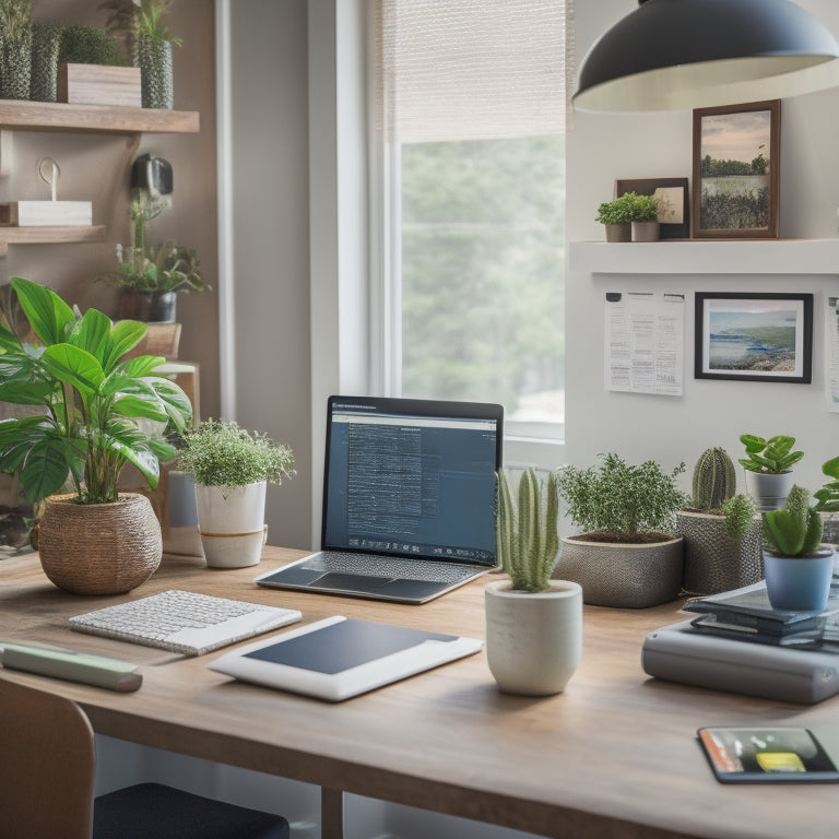 A tidy, modern home office with a laptop, tablet, and smartphone displaying various digital tool interfaces, surrounded by organized notes, a calendar, and a few potted plants.