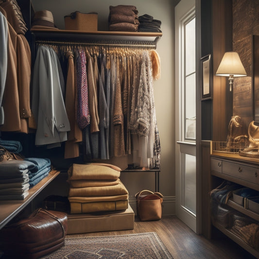 A serene, well-organized closet interior with a mix of modern and vintage clothing items, shoes, and accessories, lit by soft, warm light pouring through a large window.