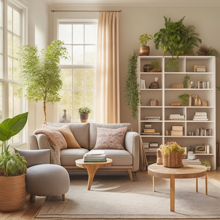 A serene, airy living room with a few, carefully curated furniture pieces, natural light pouring in, and a subtle color palette, featuring a tidy bookshelf with a few, spaced-out books and a small, potted plant.