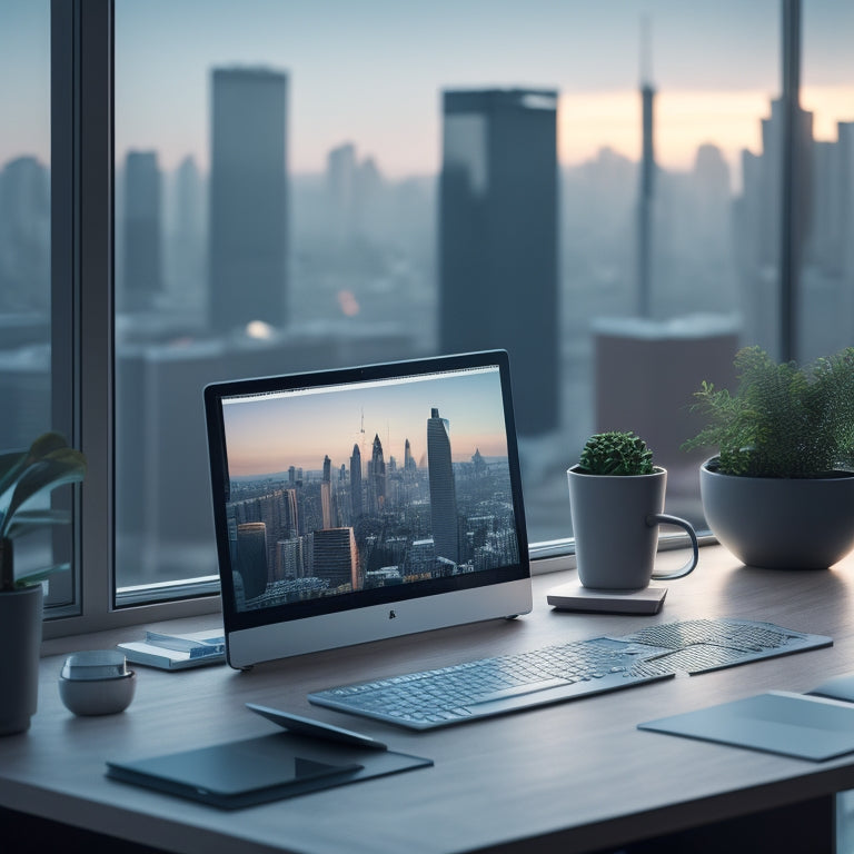 A minimalist, modern desk with a sleek laptop and a few, carefully placed digital devices, surrounded by subtle, blurred cityscape outlines, conveying organization and productivity.
