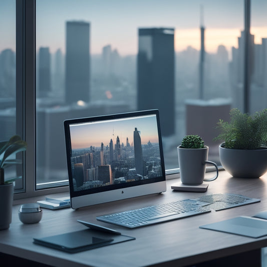 A minimalist, modern desk with a sleek laptop and a few, carefully placed digital devices, surrounded by subtle, blurred cityscape outlines, conveying organization and productivity.
