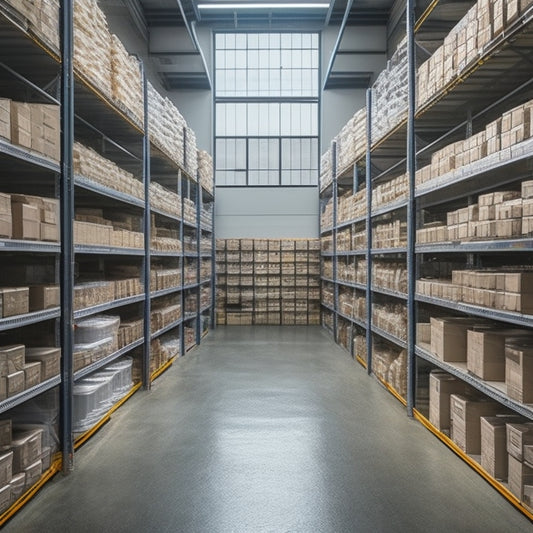 A neatly arranged warehouse with 10-15 numbered bins of varying sizes, each filled with distinct products, on shelves of different heights, with a few bins on the floor, and minimal empty space.