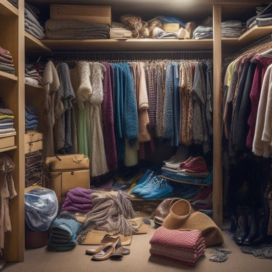 A cluttered closet interior with clothes overflowing from shelves, tangled hangers, and shoes piled haphazardly, surrounded by dust bunnies and forgotten accessories, with a few items spilling out into the surrounding room.
