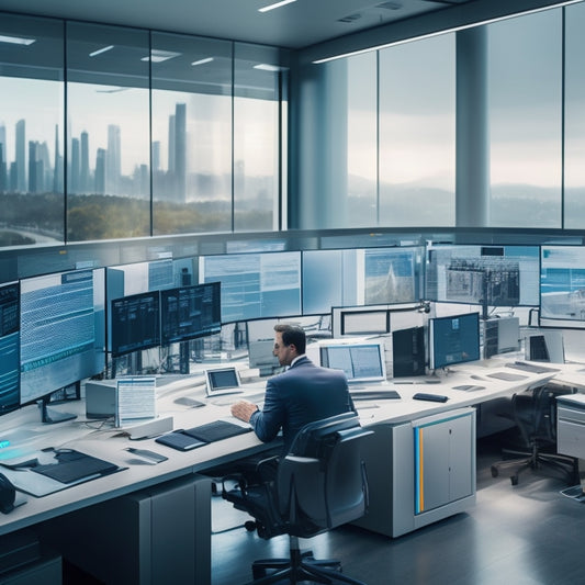 A futuristic, high-tech government office with sleek desks, rows of computer screens, and a large, transparent glass wall revealing a state-of-the-art document scanning room with robotic arms and humming machinery.