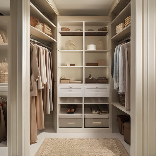 A serene, well-lit walk-in closet with cream-colored walls, dark wood shelves, and a mix of open and closed storage units, showcasing a harmonious blend of style and functionality.