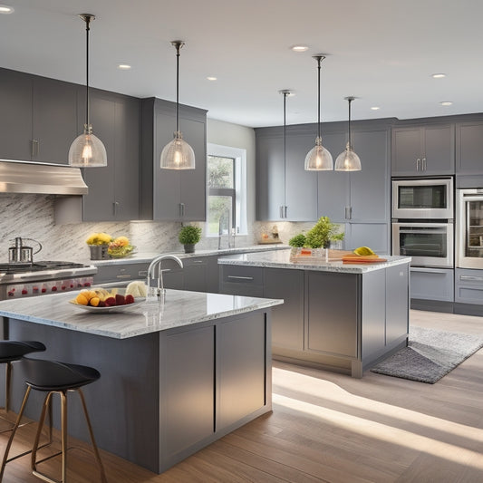 A modern, sleek kitchen with light-gray cabinets, contrasting dark countertops, and stainless steel appliances, featuring a central island with a built-in cooktop and pendant lamps above.