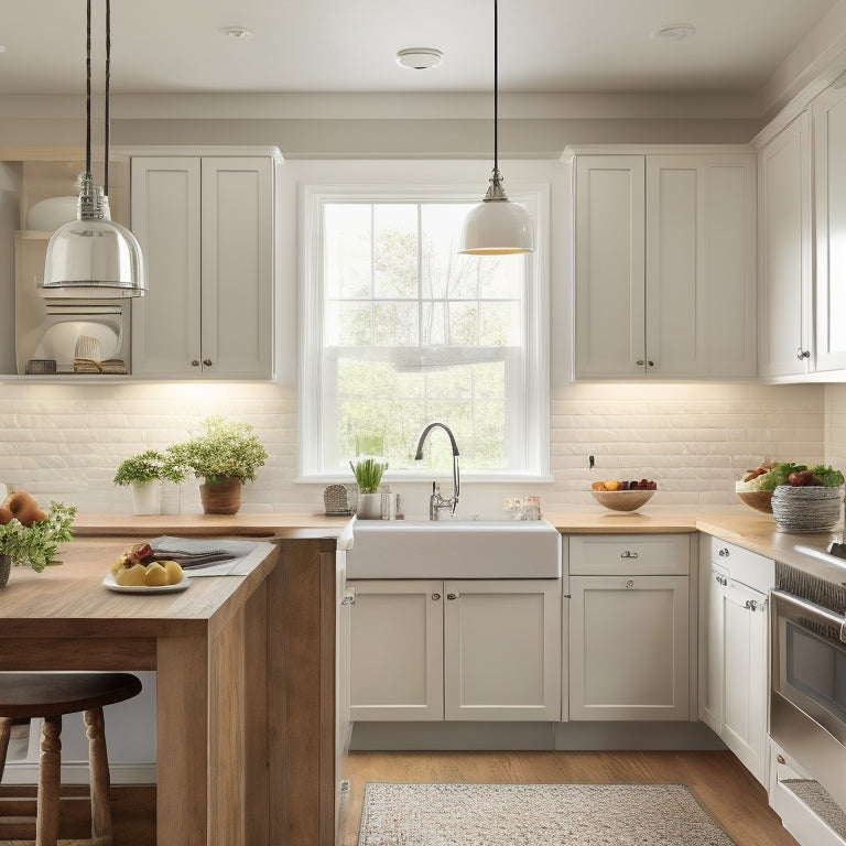 A bright, airy small kitchen with white Shaker cabinets, butcher block countertops, and a chrome pendant light above a sink, surrounded by warm beige walls and dark hardwood floors.