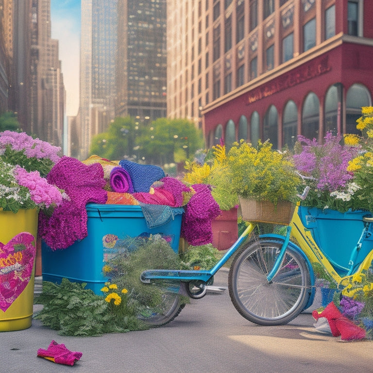 A vibrant illustration of a Chicago cityscape with recycling bins overflowing with colorful fabric scraps, amidst lush greenery and blooming flowers, surrounded by bicycles and eco-friendly modes of transportation.