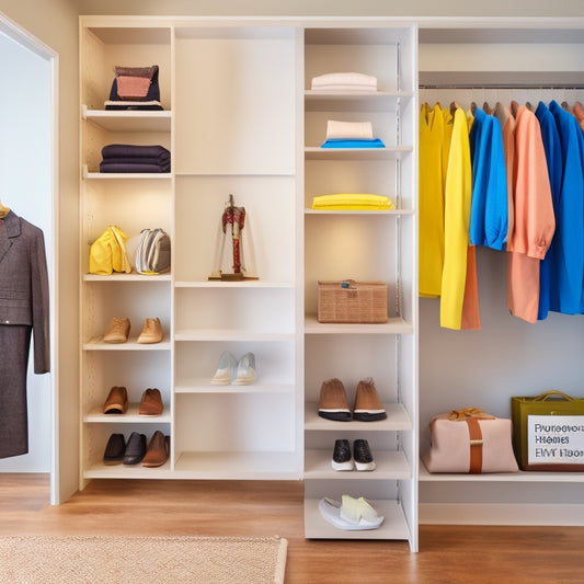 A minimalist closet with a sleek, floor-to-ceiling shelving system, a color-coded clothing rack, and a tablet mounted on the wall displaying a virtual closet organizer app.