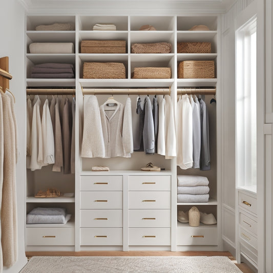 A serene, well-lit closet with neatly folded, stacked, and hung linens in a custom-built shelving system, surrounded by calming whites, creams, and natural wood tones, evoking a sense of organized tranquility.