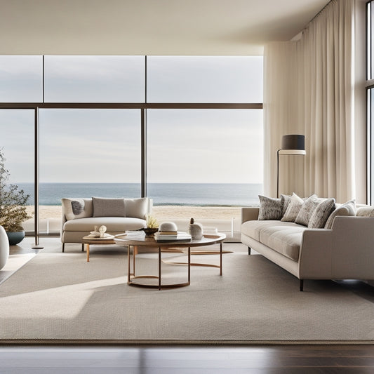 A serene, high-contrast scene featuring a sprawling, neutral-toned living room with freshly installed beige carpet, complemented by creamy walls, dark wood accents, and floor-to-ceiling windows overlooking a tranquil ocean view.