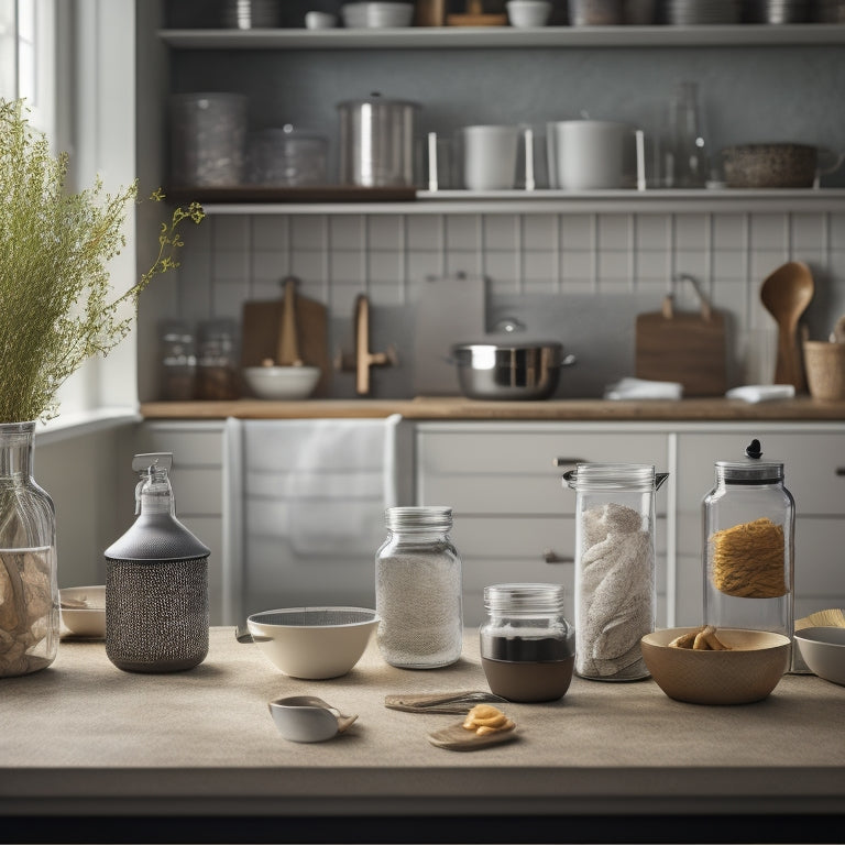 A cluttered kitchen countertop with scattered utensils, crumpled recipe papers, and open storage containers, contrasted with a tidy, organized adjacent counter featuring a utensil organizer, labeled jars, and a clean, empty workspace.