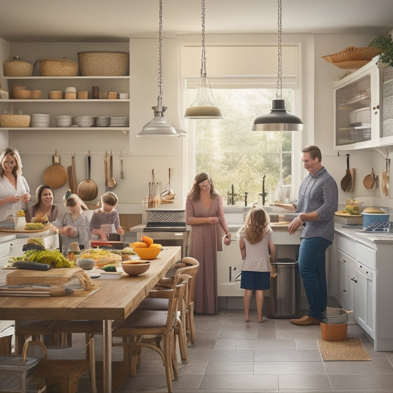 A busy kitchen with a large family gathered around a central island, showcasing a pegboard with hanging utensils, a pull-out trash can, and a wall-mounted pot rack, amidst a backdrop of warm, natural light.