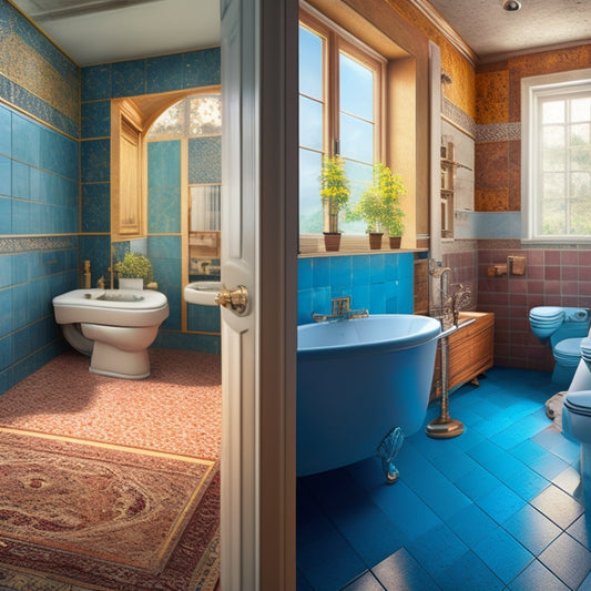 A dramatic before-and-after split-screen image of a dilapidated bathroom with cracked tiles, rusty fixtures, and dull colors, versus a sleek, modern renovation with gleaming marble, chrome accents, and soft natural light.