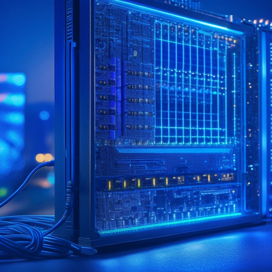 A futuristic, sleek rack mount UPS with glowing blue LED lights and a large, high-resolution LCD display, surrounded by neatly organized cables and a cityscape-inspired circuit board pattern in the background.