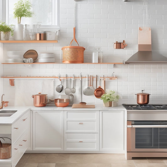 A bright, modern kitchen with sleek white cabinets, featuring a floor-to-ceiling pegboard with hanging utensils, a pull-down ladder, and a wall-mounted pot rack with copper cookware.