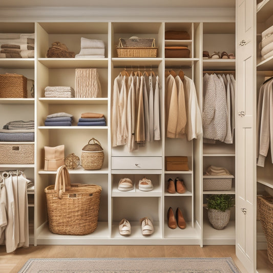 A serene, well-lit closet interior with floor-to-ceiling shelves, neatly arranged clothes, shoes, and accessories, and a few decorative baskets, all in a calming, neutral color palette.