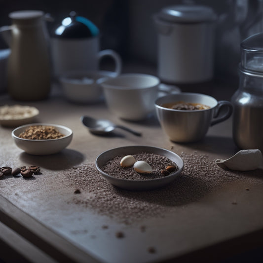 A dimly lit kitchen countertop with a messy array of crumbs, spills, and stains, featuring a cracked egg, a few scattered coffee beans, and a sticky ring from a forgotten mug.