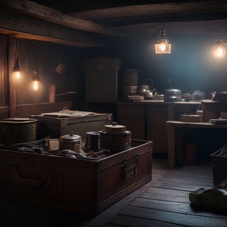 A dimly lit, cluttered attic space with old trunks, dusty boxes, and forgotten heirlooms, with a single, faint beam of light illuminating a mysterious, hidden compartment.