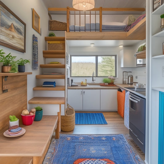 A cozy, 200-square-foot tiny home interior with a Murphy bed, compact kitchen, and built-in shelving, featuring a ladder leading to a loft storage space filled with woven baskets and colorful rugs.