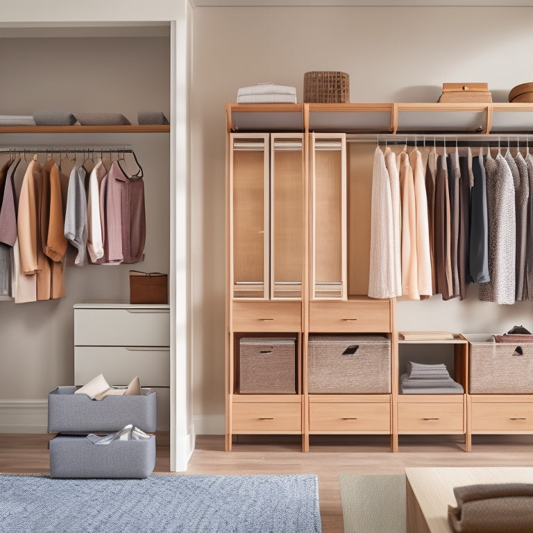 A modern, sleek closet with sliding glass doors, double rod, and shelves, featuring a mix of tailored storage bins, baskets, and hanging organizers in neutral tones and natural wood accents.