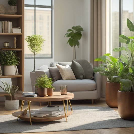 A serene and minimalist living room with a few, carefully-placed decorative items, a tidy bookshelf, and a single, potted plant on a polished wood floor, bathed in warm, natural light.