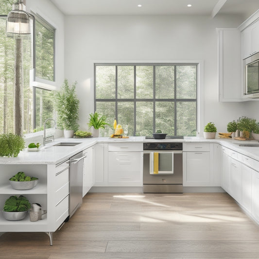 A bright, modern kitchen with sleek white cabinets, stainless steel appliances, and a compact island with a built-in cooktop, surrounded by warm wood accents and a large window with verdant greenery views.