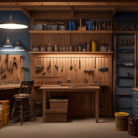 A well-lit woodshop with a dedicated clamp storage wall featuring a pegboard with hooks, bins, and a shelf, showcasing various clamps of different sizes and types, organized and easily accessible.