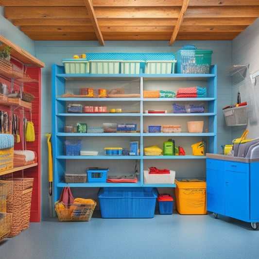 A tidy, well-lit garage or utility room with a cart or shelving unit in the center, holding various cleaning supplies, baskets, and bins, with a few cleaning tools and dusters hanging from hooks.